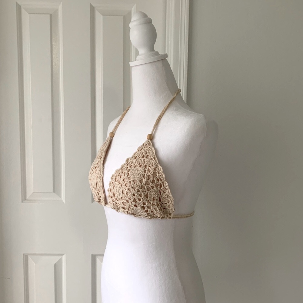 Handmade Woman's Crochet Bikini Top Bohemian Hippie Adjustable Straps Cream L